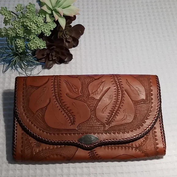 Handcrafted Hand Tooled Leather Clutch Chestnut Brown Tropical Leaf Design - Picture 2 of 13